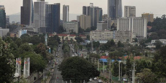 In the picture, you can see a city photographed from the front. In the foreground, there are a few trees and a street leading into the city in the background, where there are several tall buildings.