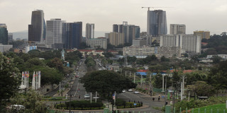 In the picture, you can see a city photographed from the front. In the foreground, there are a few trees and a street leading into the city in the background, where there are several tall buildings.