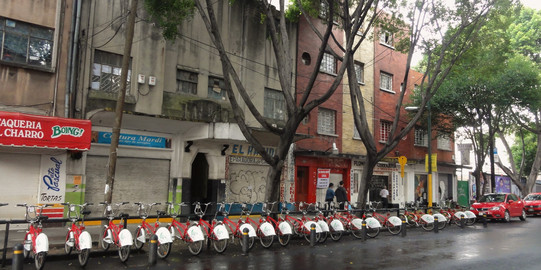 Mexico City, Mexico Several rental bikes along a street in Mexico City