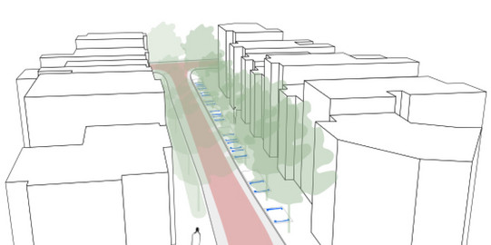 Graphic representation of a design of a bicycle street as part of a student project on 'smart mobility' (2021)