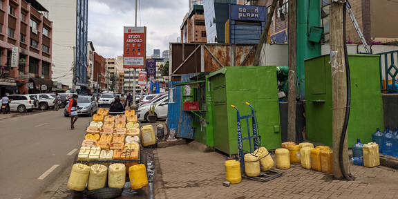 Jerry cans on a handcart in the Westland area in Nairobi